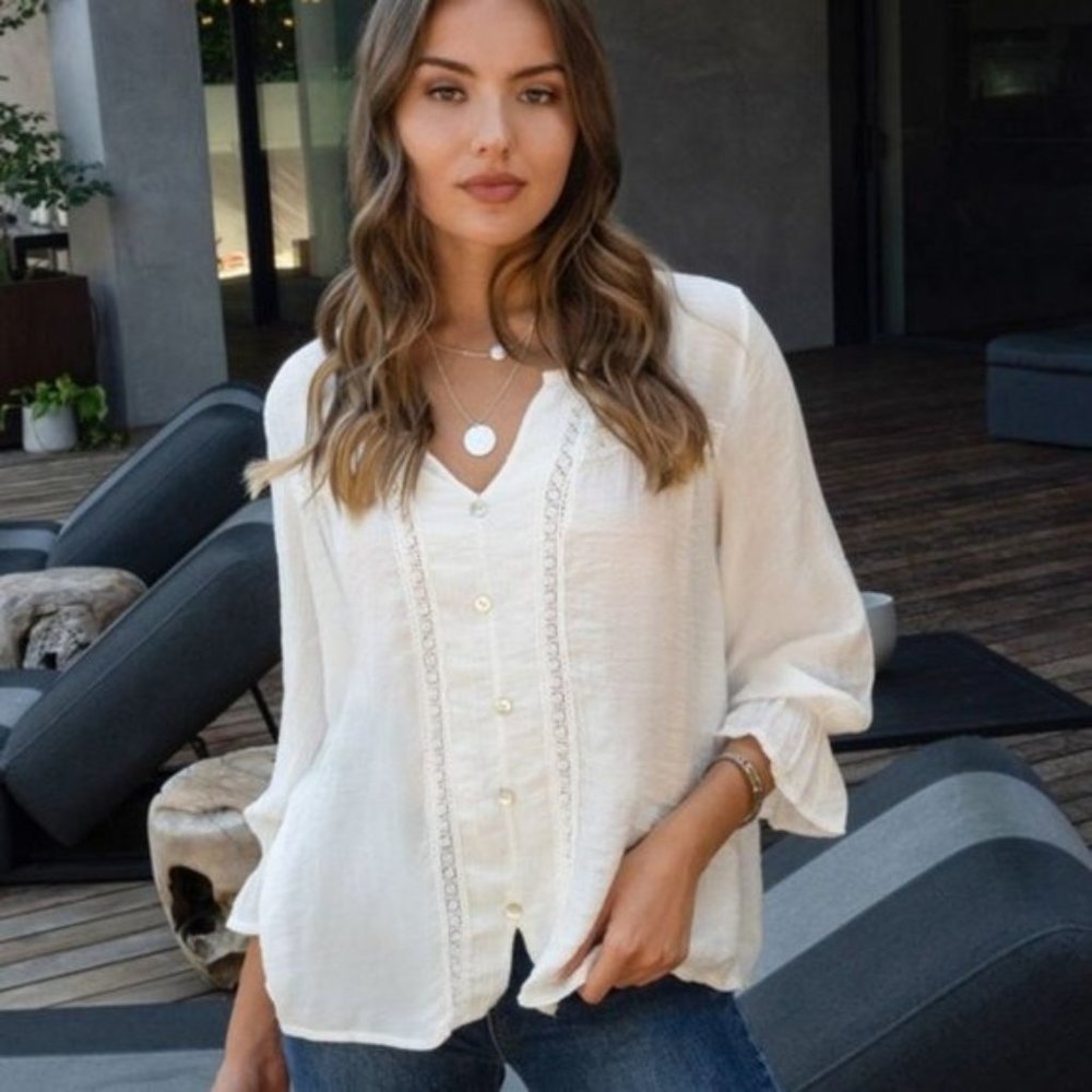 Lightweight Cream Button-Front Blouse with Lace Trim - Like New